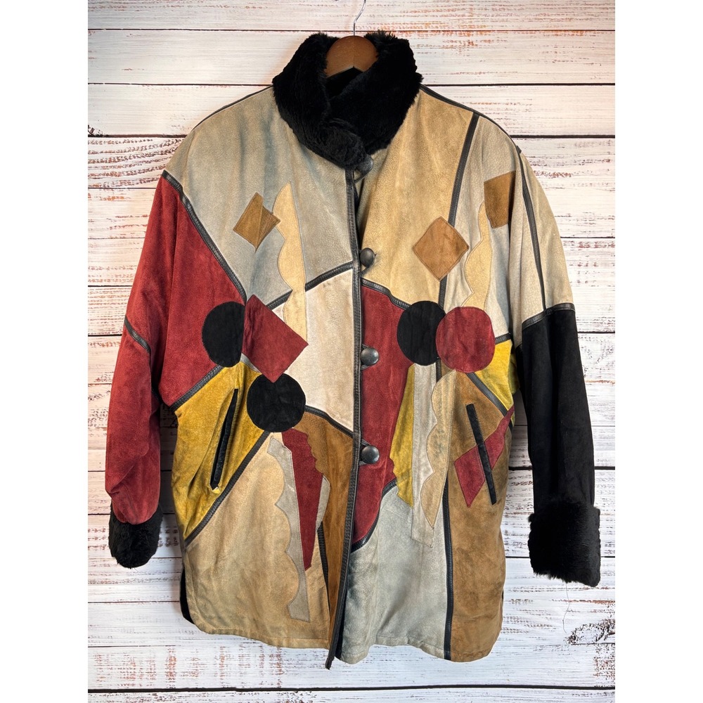 Vintage 80s Suede Leather Patchwork Jacket Fur Collar Geometric Art Earth L‎ OOK - Picture 2 of 15